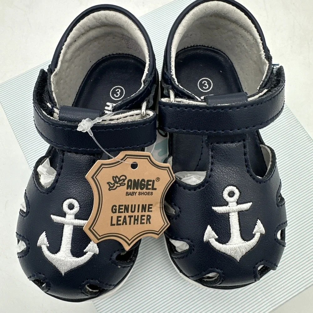 Angel Baby Sawyer Nautical Caged Leather Blue Sandal (Baby) As 3 NIB